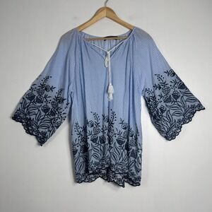 Boho Highness Womens 1X Tunic Top Blue White Striped Floral Embroidered Tassel